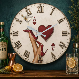 Ace of Hearts Red High Heels Martini Glass Large Clock
