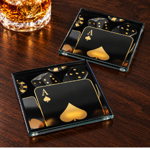 Ace of Spades Gold Dice Man Cave Poker Glass Coaster