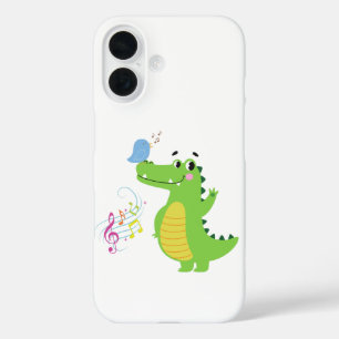 Acheerful crocodile enjoying a songbird's melody i iPhone 16 case