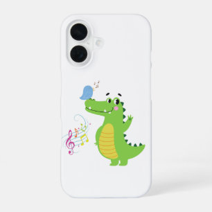Acheerful crocodile enjoying a songbird's melody i iPhone 16 case