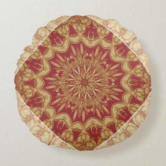 Achempong Designer Golden Red Ornate Accent Cushio Round Pillow (Front)