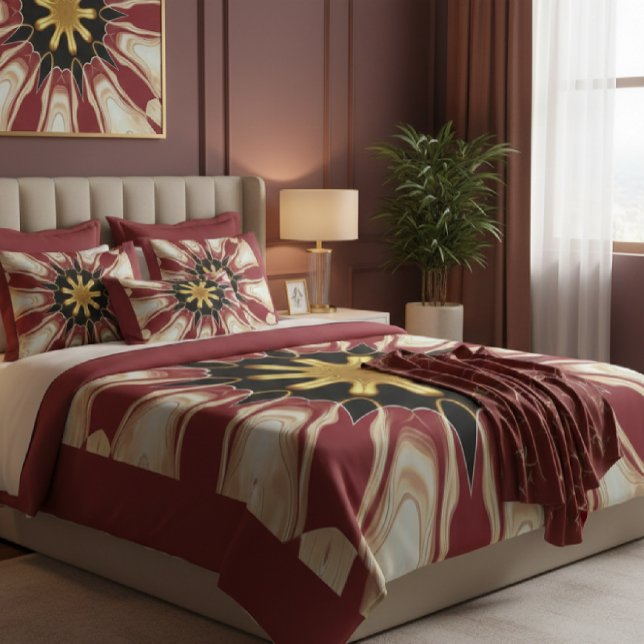 Achempong: Starburst | Deep Crimson Cream Golden B Throw Pillow (The final touch of tranquility: A lavish bed dressed with an Achempong custom duvet cover, layered)