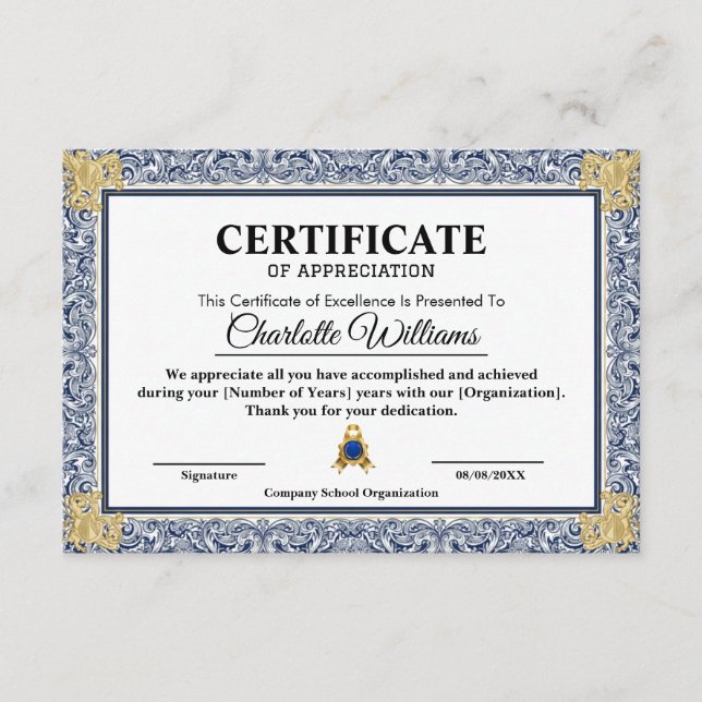Achievement Appreciate Gold Blue Certificate  (Front)