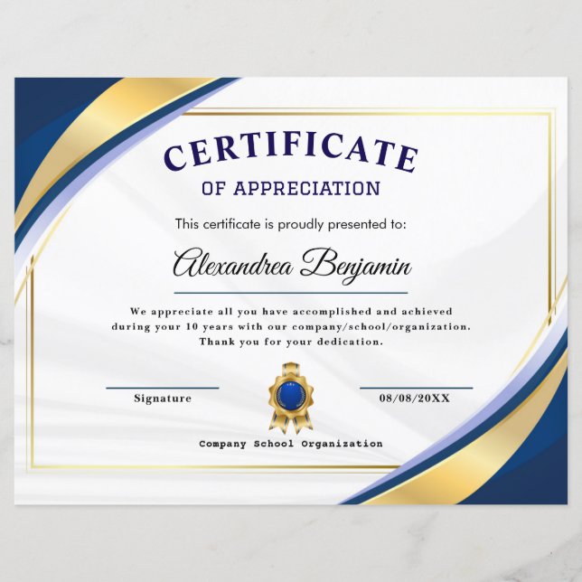 Achievement Appreciate Gold Blue Certificate (Front)