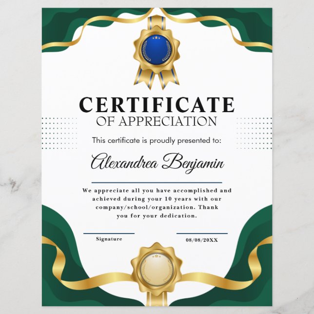Achievement Appreciate Gold Blue Certificate (Front)