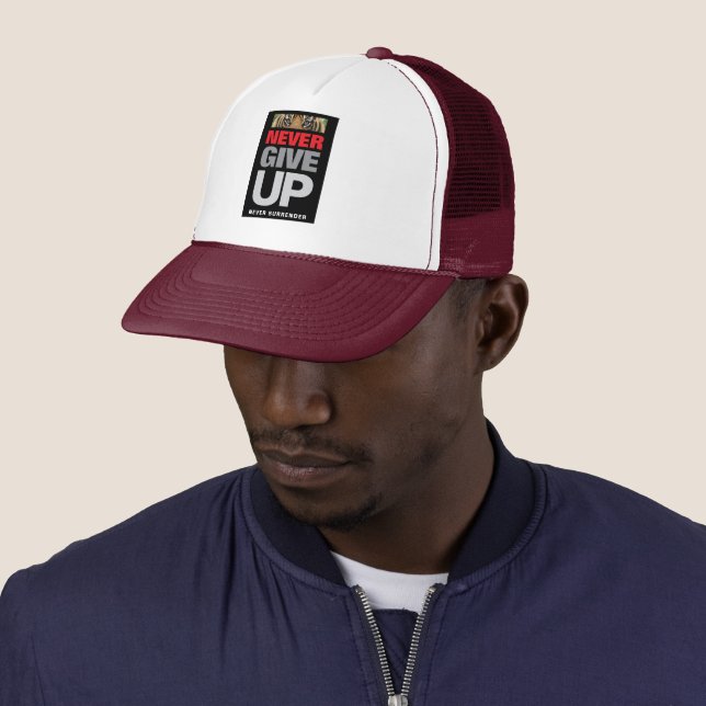 Achievement Never Give Up Never Surrender Maroon Trucker Hat (In Situ)