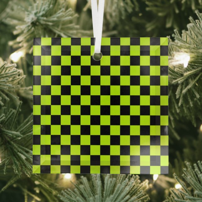 Acid green black checkerboard pattern glass ornament (Insitu)