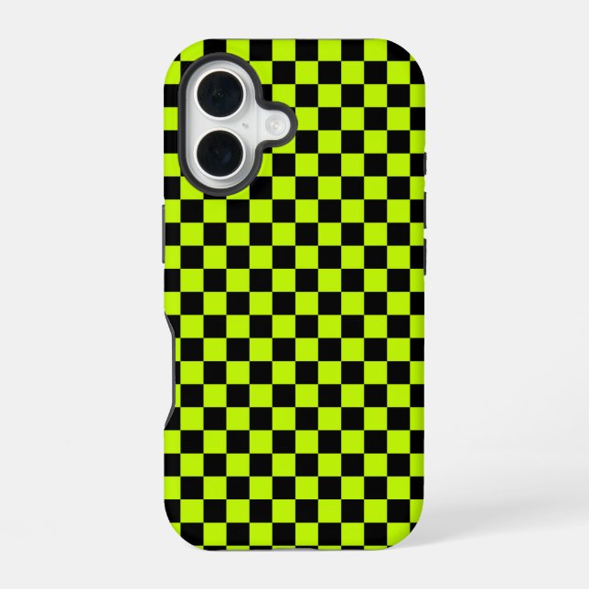 Acid green black checkerboard pattern iPhone 16 case (Back)