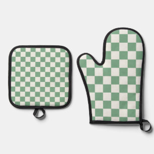 Acid green black checkerboard pattern oven mitt & pot holder set