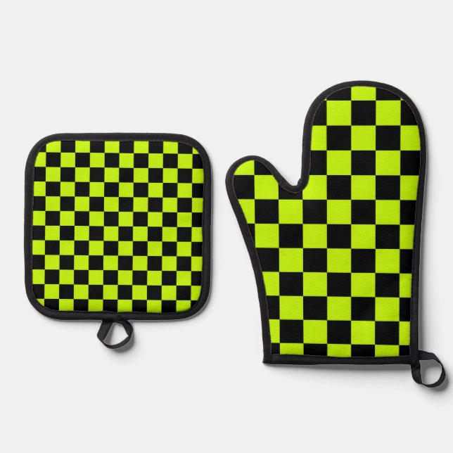 Acid green black checkerboard pattern oven mitt & pot holder set (Front)
