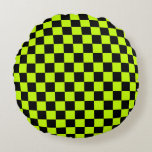 Acid green black checkerboard pattern round pillow<br><div class="desc">A vibrant checkerboard pattern with alternating neon yellow and black squares creates a striking geometric design,  conveying a bold and energetic tone.</div>