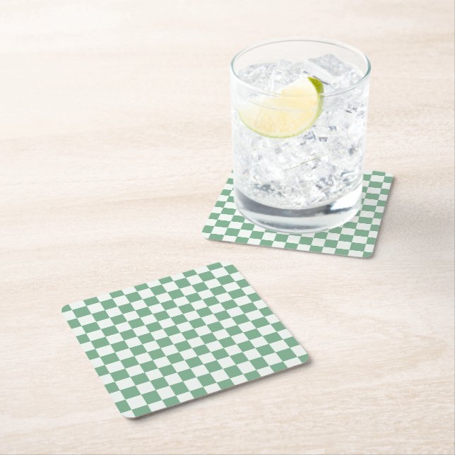 Acid green black checkerboard pattern square paper coaster (Insitu)