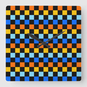 Acid green black checkerboard pattern square wall clock