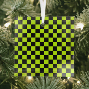Acid green black chequerboard pattern glass ornament