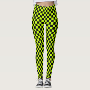 Acid green black chequerboard pattern leggings