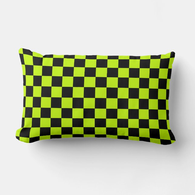 Acid green black chequerboard pattern lumbar pillow (Front)