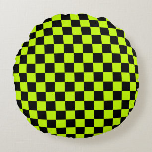 Acid green black chequerboard pattern round pillow
