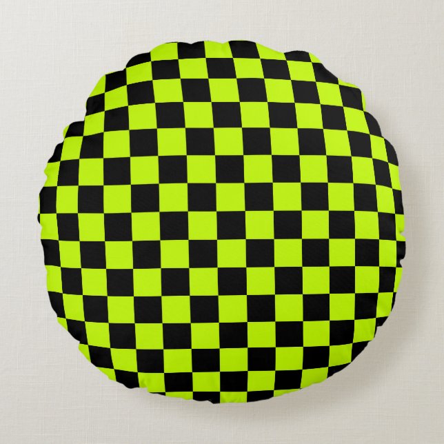 Acid green black chequerboard pattern round pillow (Front)