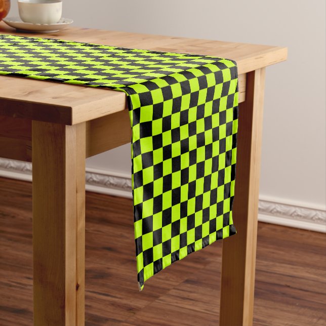 Acid green black chequerboard pattern short table runner (In Situ)