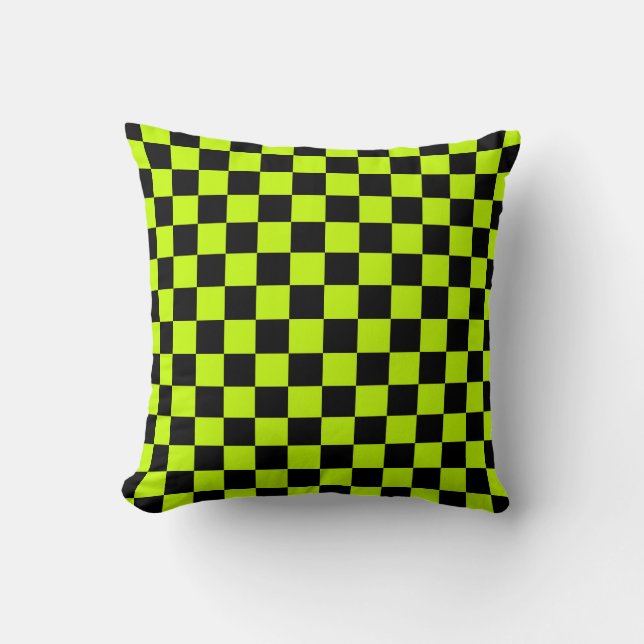 Acid green black chequerboard pattern throw pillow (Front)