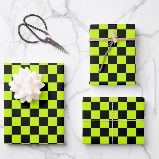 Acid green black chequerboard pattern wrapping paper sheet (Front)