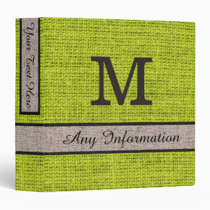 Acid Green Burlap Linen Monogram Binder