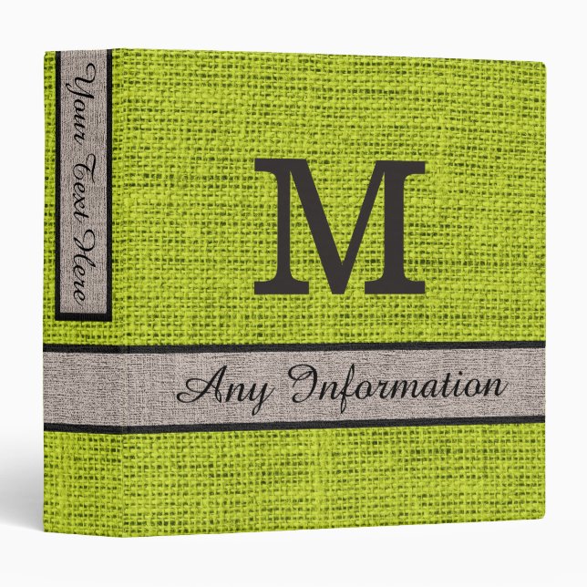 Acid Green Burlap Linen Monogram Binder (Front/Spine)