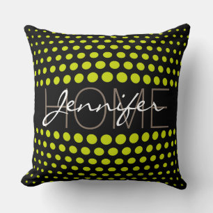 Acid green polka dots home monogram throw pillow