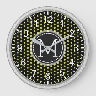 Acid Green Polka Dots Modern Monogram Large Clock