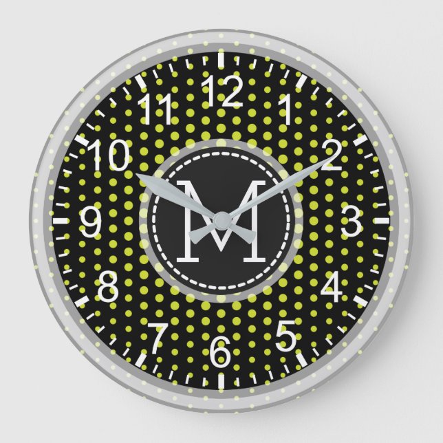 Acid Green Polka Dots Modern Monogram Large Clock (Front)