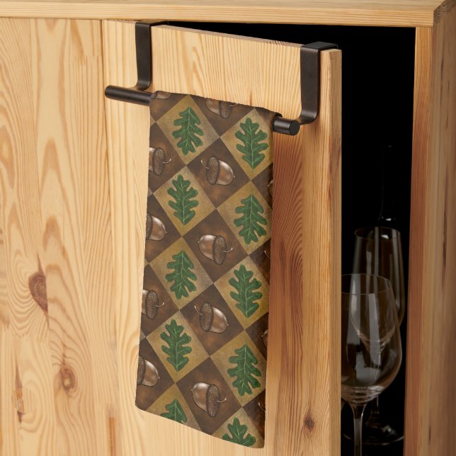 Acorn and Oak Leaf Chequerboard Pattern Kitchen Towel (Thirds Fold)