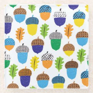 Acorn Autumn: Vintage Leafy Pattern. Glass Coaster