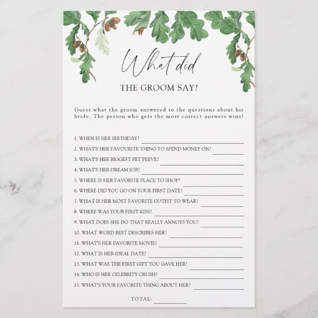 Acorn branch - What did the groom say bridal game (Front)