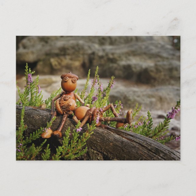 Acorn elf and girl resting in the heather - love  postcard (Front)