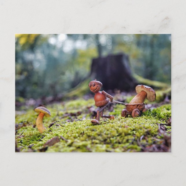 Acorn elf carrying a mushroom in a little cart postcard (Front)