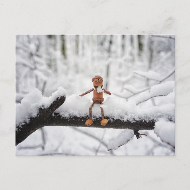 Acorn elf eating snow - winter postcard (Front)