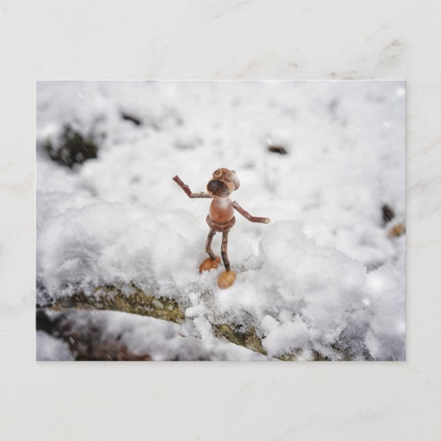 Acorn elf eating snow - winter postcard (Front)