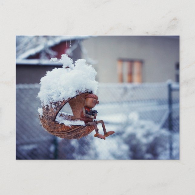 Acorn elf feeding birds winter postcard (Front)
