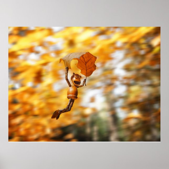 Acorn elf flying on the oak autumn leaf poster (Front)