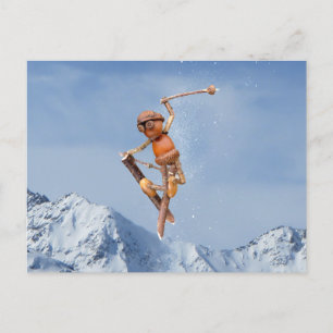 Acorn elf flying on the skis winter postcard