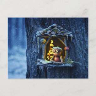 Acorn elf looking from the window winter postcard