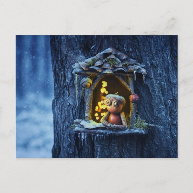 Acorn elf looking from the window winter  postcard (Front)