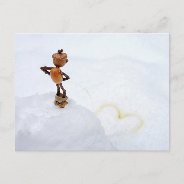Acorn elf making a yellow heart in the snow winter postcard (Front)