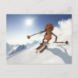 Acorn elf skiing on the snow winter postcard