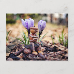 Acorn elf waiting for the spring postcard