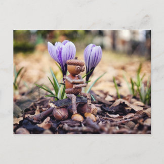 Acorn elf waiting for the spring postcard