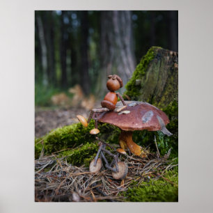 Acorn elf with bike resting on mushroom poster