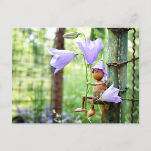 Acorn elf with blue bells flower summer postcard
