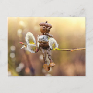 Acorn elf with catkins spring postcard