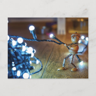 Acorn elf with Christmas light chains - Christmas Postcard